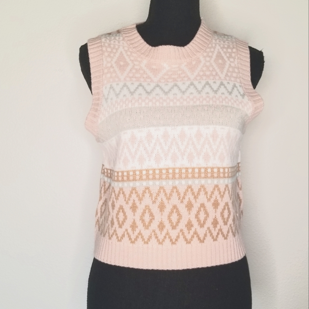 Hazel Moon Fair Isle Cropped Vest Dusty Pink Tan Y2k Schoolgirl M
